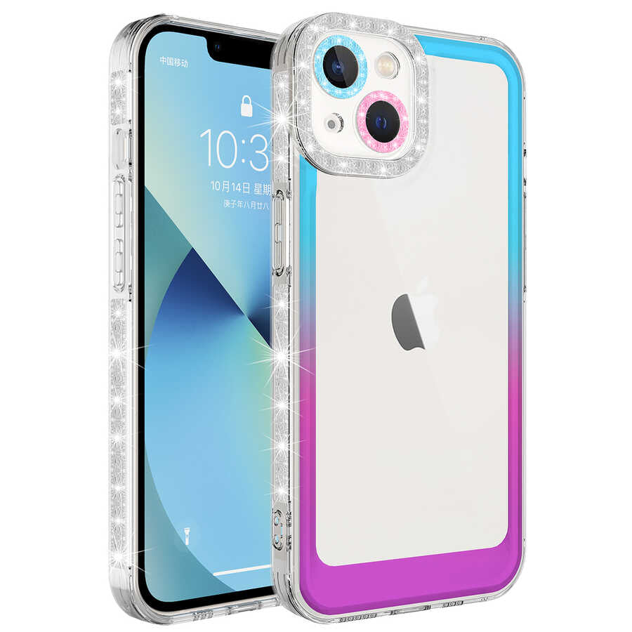 Apple iPhone 13 Kılıf Simli ve Renk Geçiş Tasarımlı Lens Korumalı Zore Park Kapak