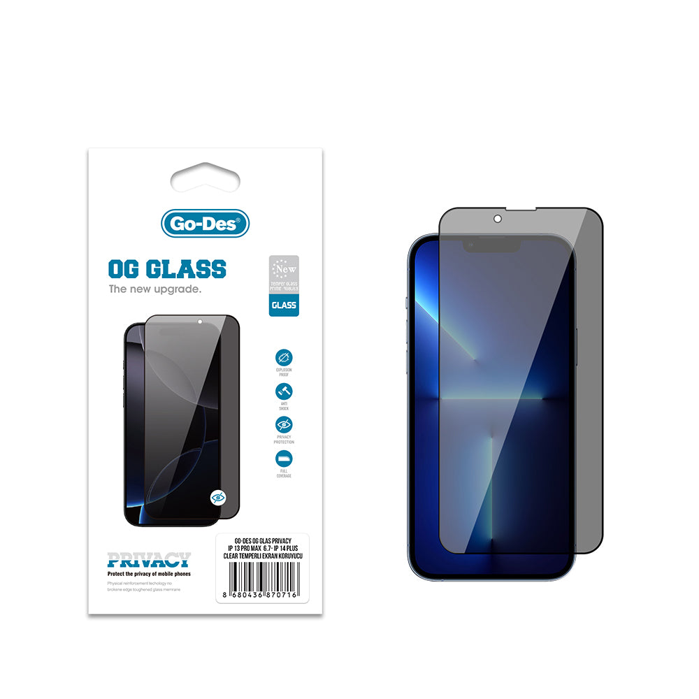 Apple iPhone 14 Plus Go Des OG Glass Privacy Antistatik Temperli Cam Ekran Koruyucu
