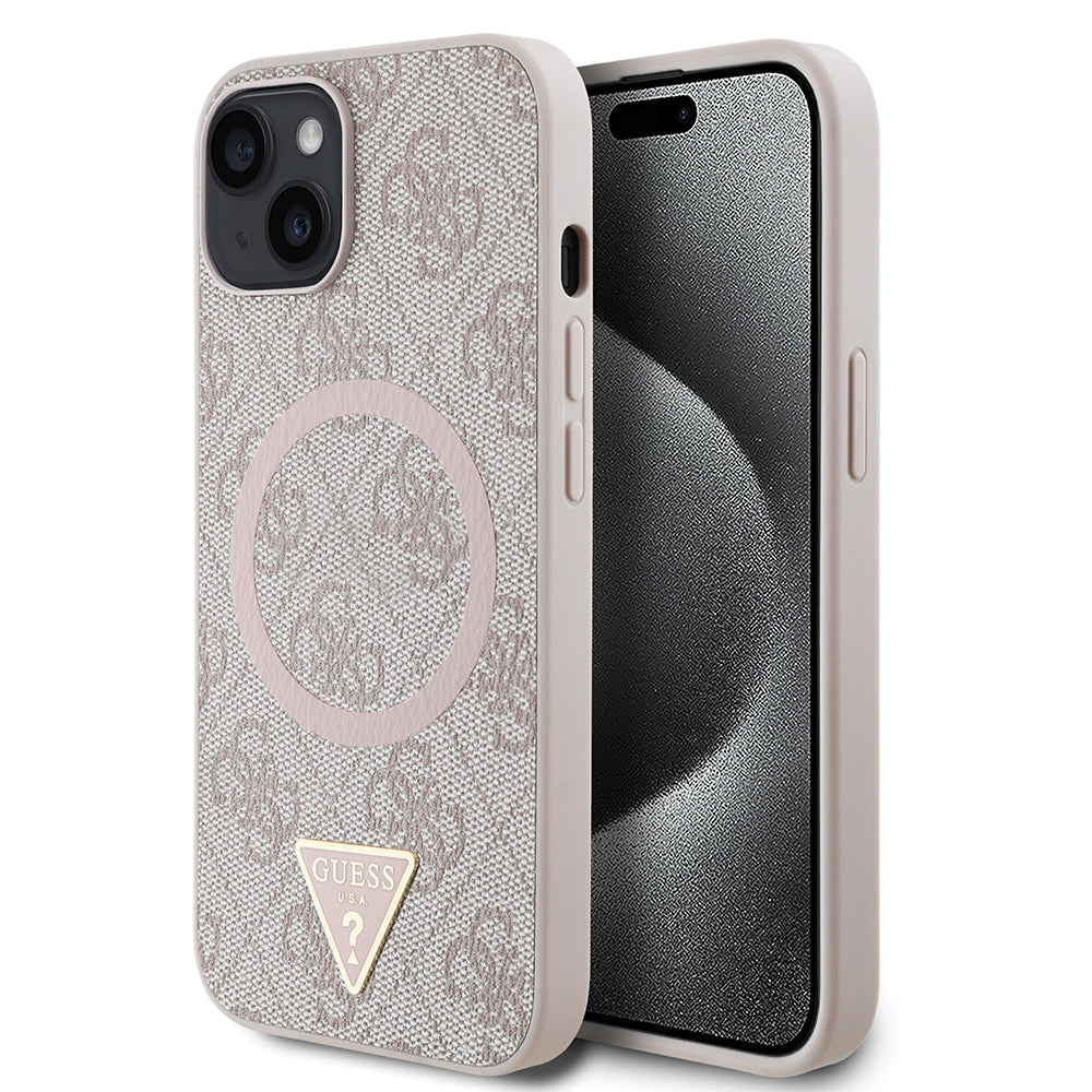 Apple iPhone 15 Kılıf Guess Orjinal Lisanslı M-safe Şarj Özellikli PU Üçgen Logo 4G Desenli Kapak