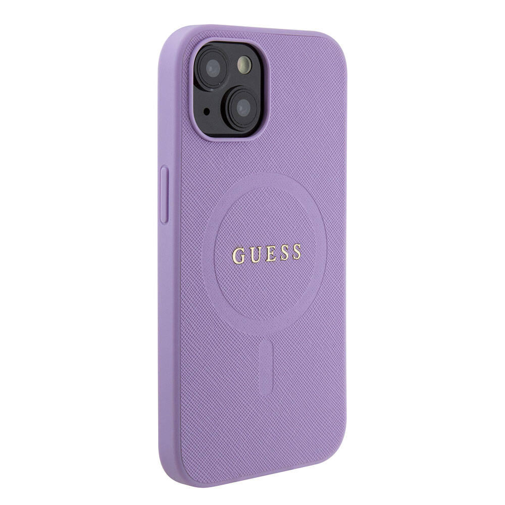 Apple iPhone 15 Kılıf Guess Orjinal Lisanslı M-safe Şarj Özellikli Yazı Logolu Saffiano Kapak