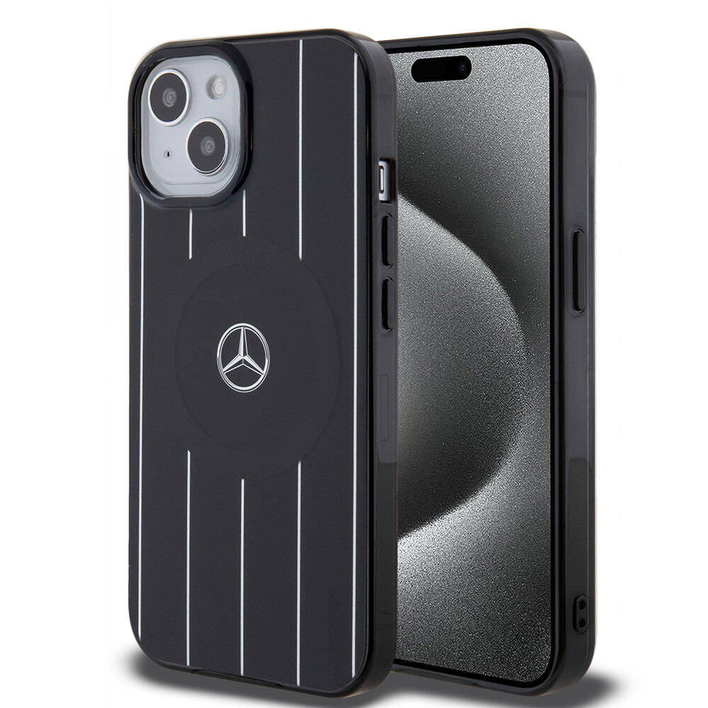 Apple iPhone 15 Kılıf Mercedes Benz Orjinal Lisanslı M-safe Şarj Özellikli Çift Katmanlı Paralel Çizgi Desenli Kapak