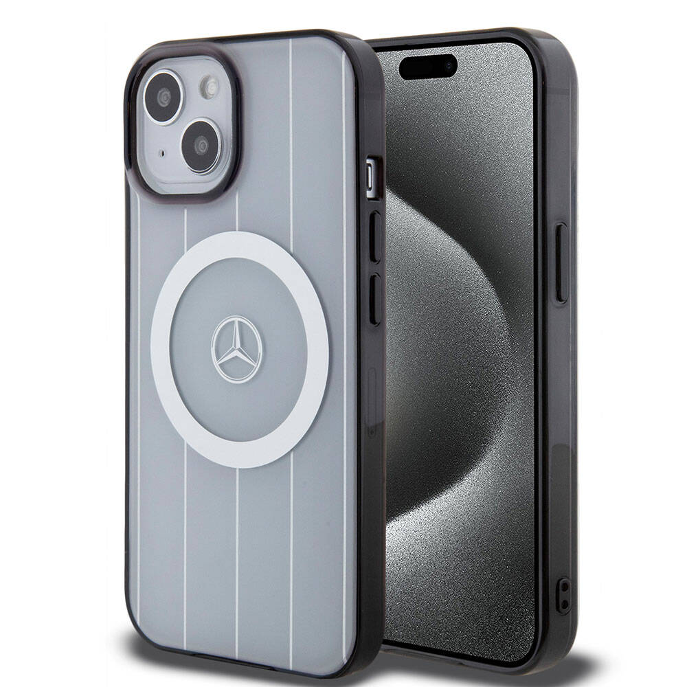 Apple iPhone 15 Kılıf Mercedes Benz Orjinal Lisanslı M-safe Şarj Özellikli Çift Katmanlı Paralel Çizgi Desenli Kapak