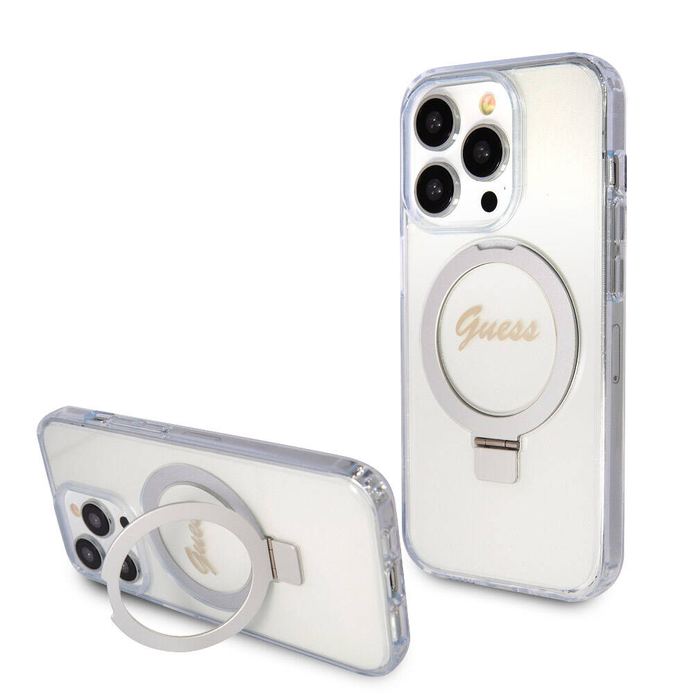 Apple iPhone 15 Pro Kılıf Guess Orjinal Lisanslı M-safe Şarj Özellikli Simli Arka Yüzey Ring Standlı Kapak