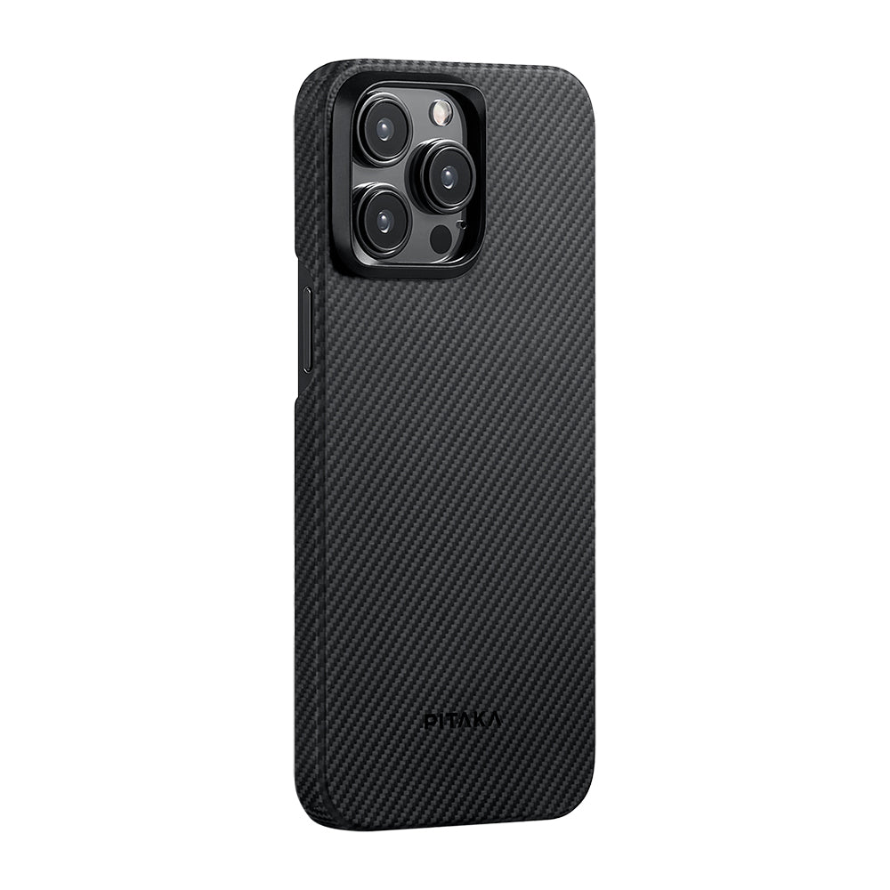 Apple iPhone 15 Pro Kılıf M-safe Şarj Özellikli 600D Aramid Fiber Pitaka Ultra-Slim Classic Serisi Black-Grey Twill Kapak
