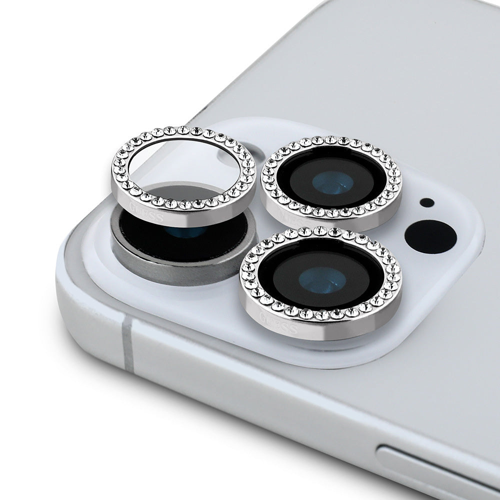 Apple iPhone 15 Pro Max Guess Orjinal Lisanslı Rhinestone Taşlı Lens Koruyucu
