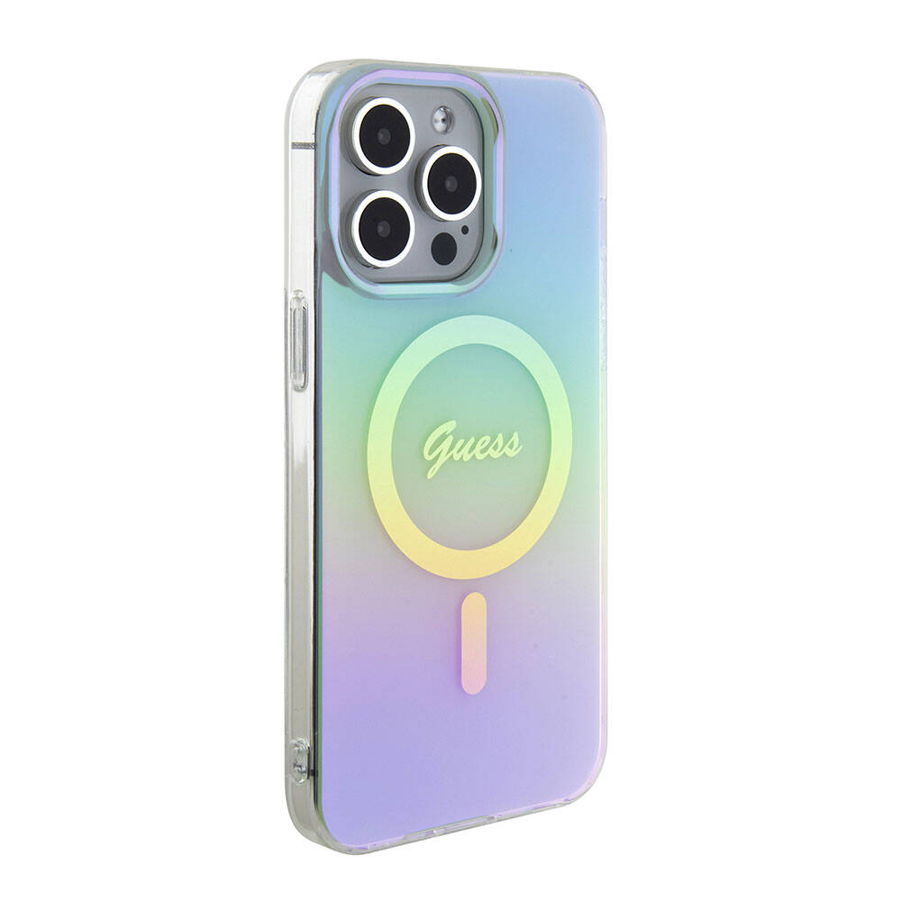 Apple iPhone 15 Pro Max Kılıf Guess Orjinal Lisanslı M-safe Şarj Özellikli Yazı Logolu Iridescent Kapak