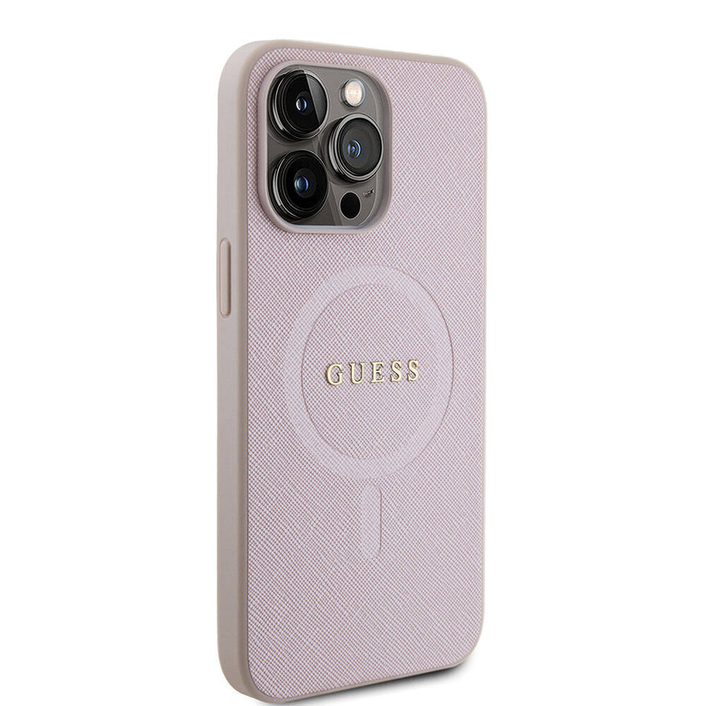 Apple iPhone 15 Pro Max Kılıf Guess Orjinal Lisanslı M-safe Şarj Özellikli Yazı Logolu Saffiano Kapak