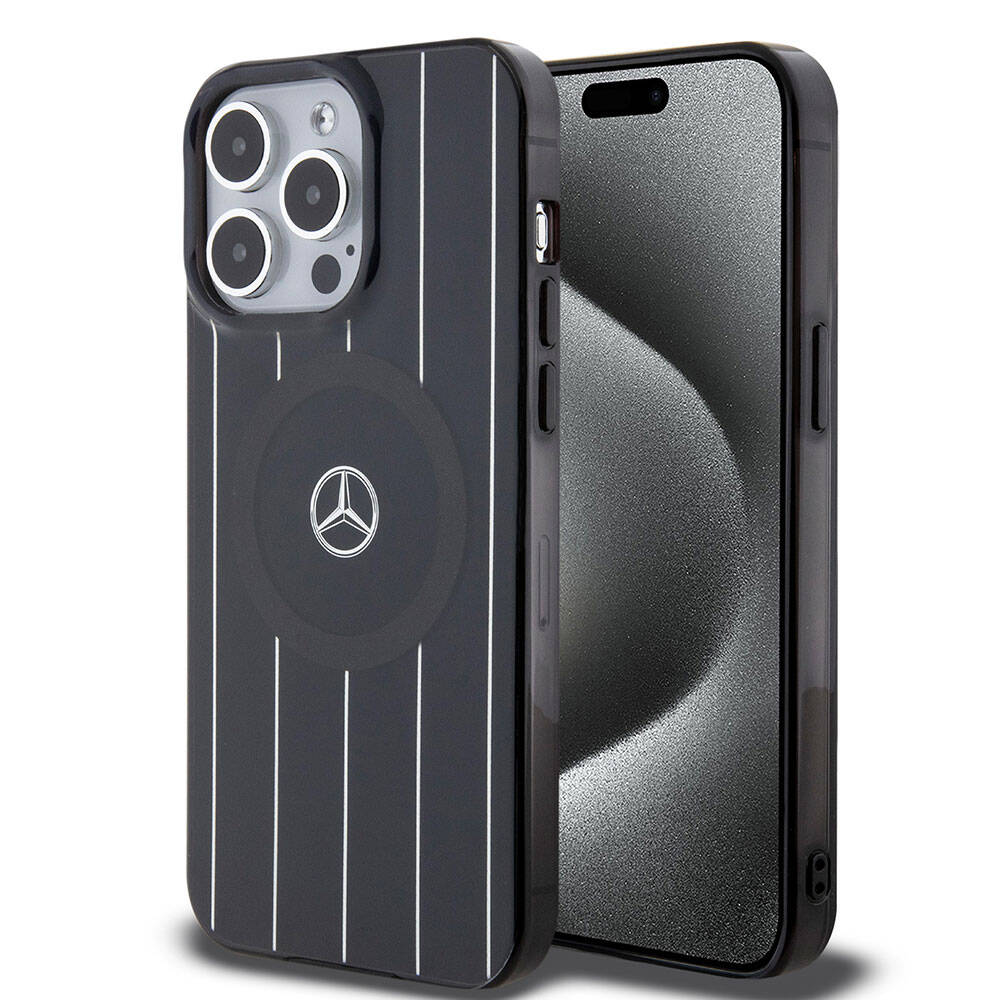 Apple iPhone 15 Pro Max Kılıf Mercedes Benz Orjinal Lisanslı M-safe Şarj Özellikli Çift Katmanlı Paralel Çizgi Desenli Kapak
