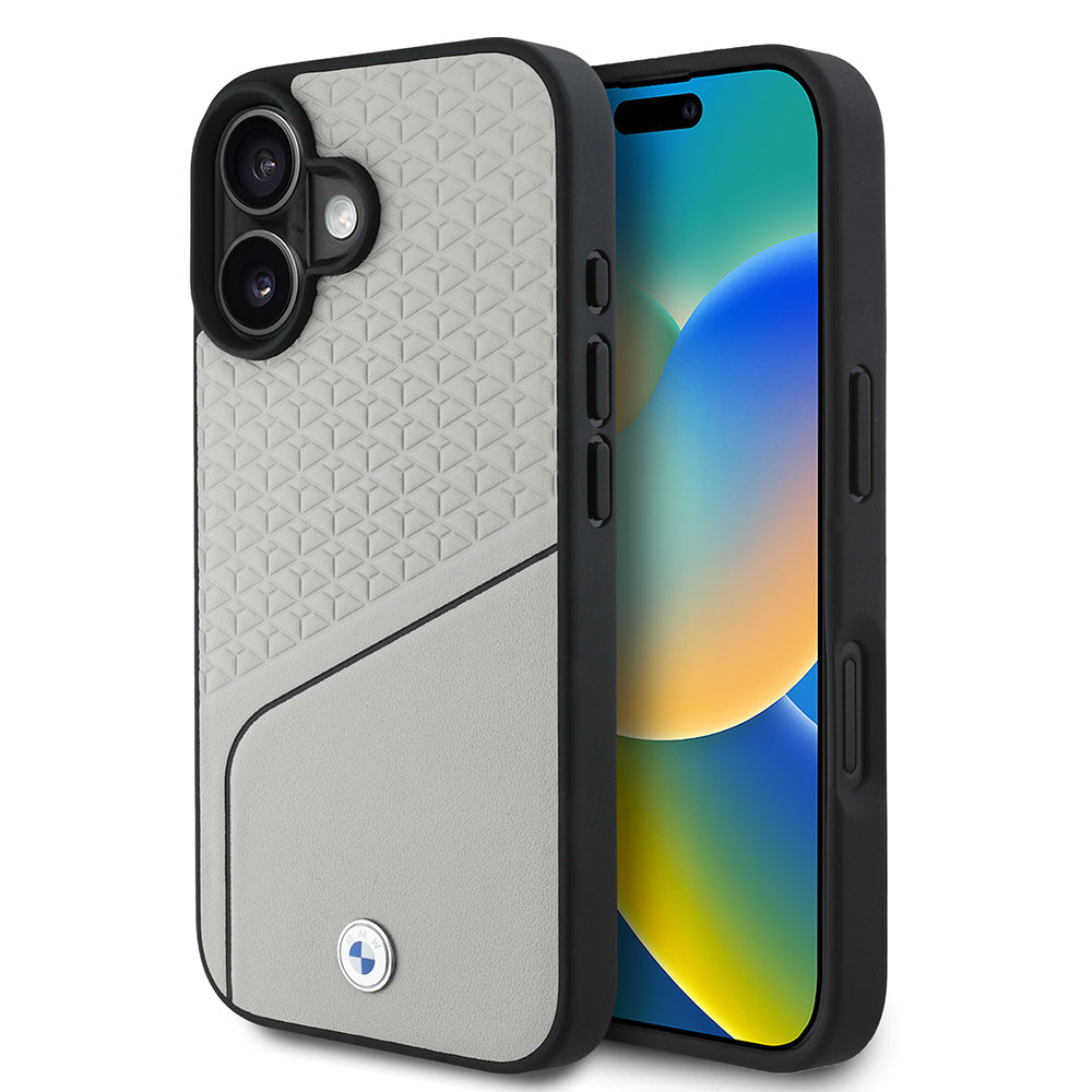 Apple iPhone 16 Kılıf BMW Orjinal Lisanslı M-safe Şarj Özellikli Metal Logolu Dokulu ve Çizgili Deri Kapak