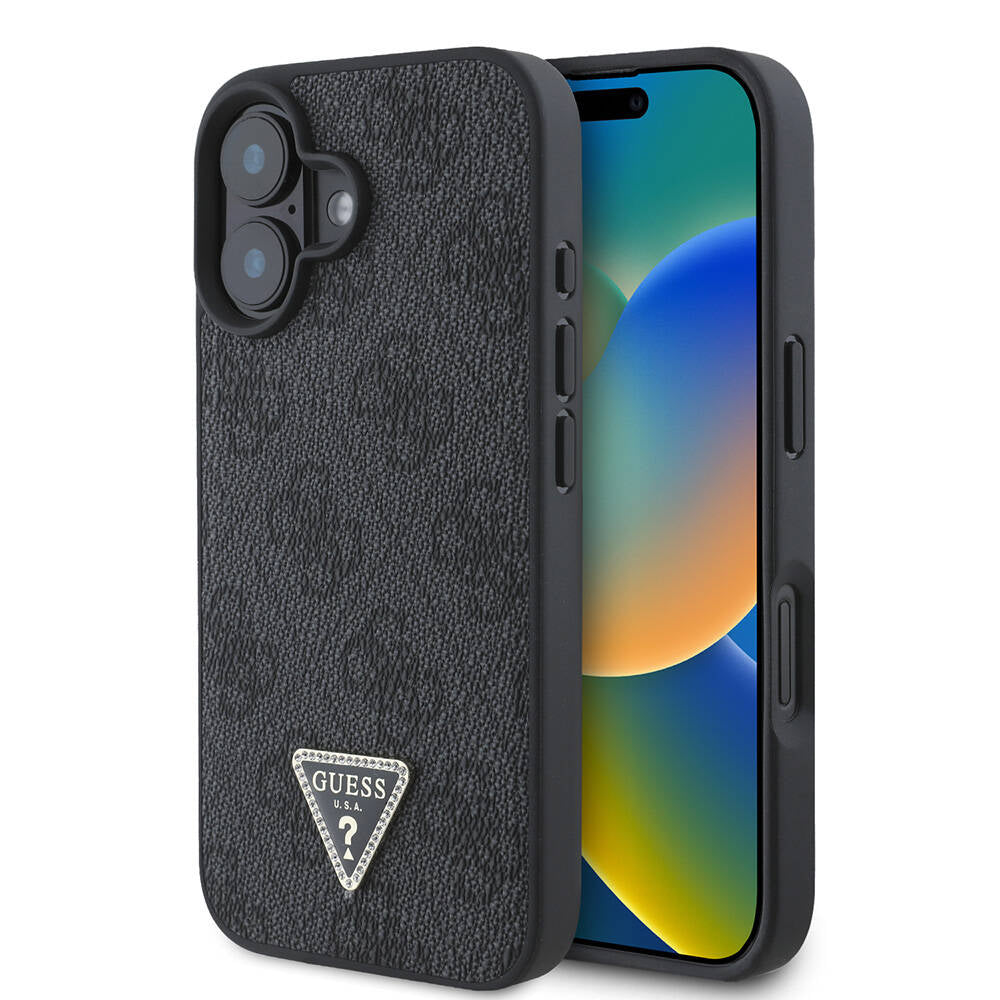Apple iPhone 16 Kılıf Guess Orjinal Lisanslı M-safe Şarj Özellikli PU Deri 4G Desenli Taşlı Üçgen Logolu Kapak