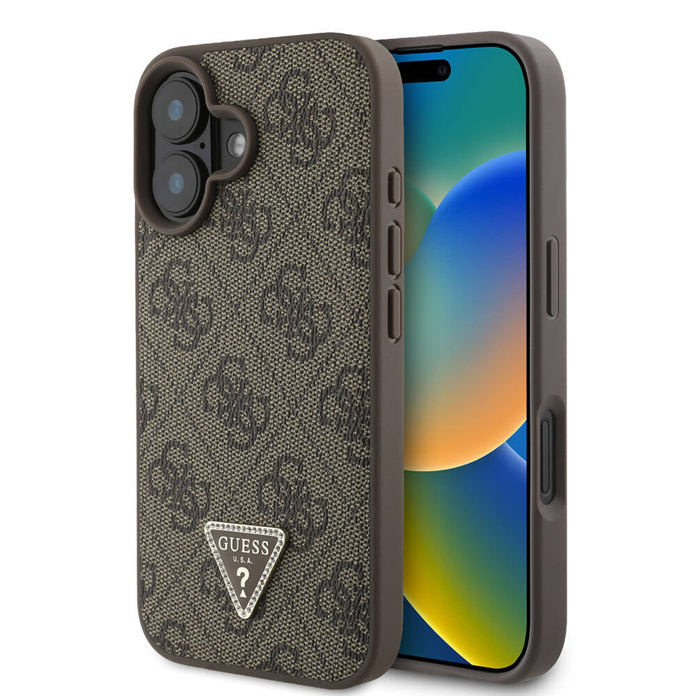 Apple iPhone 16 Kılıf Guess Orjinal Lisanslı M-safe Şarj Özellikli PU Deri 4G Desenli Taşlı Üçgen Logolu Kapak