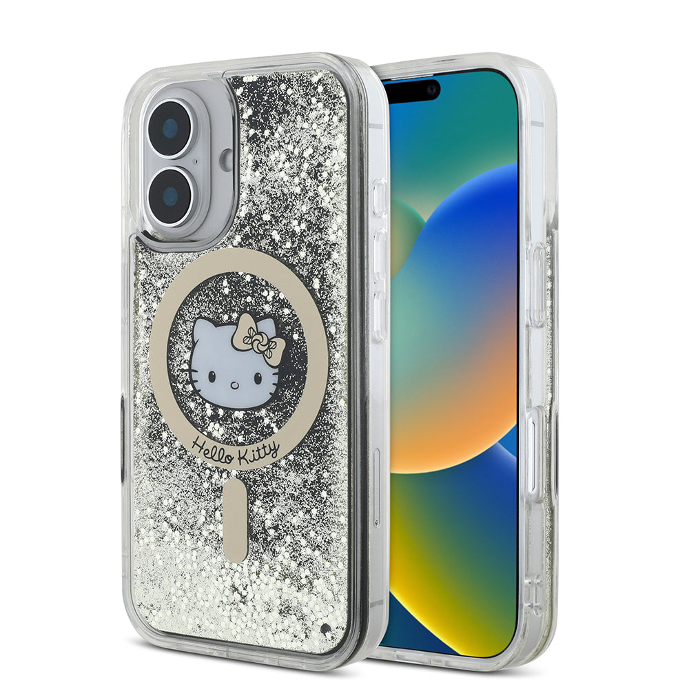 Apple iPhone 16 Kılıf Hello Kitty Orjinal Lisanslı M-safe Şarj Özellikli IML Baskı Kitty Head Logolu Sıvılı Simli Altın Ateşi Kapak