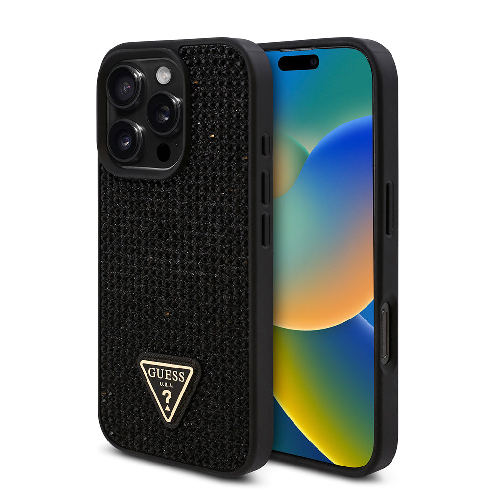 Apple iPhone 16 Pro Kılıf Guess Orjinal Lisanslı Taşlı Arka Yüzey Üçgen Logolu Kapak