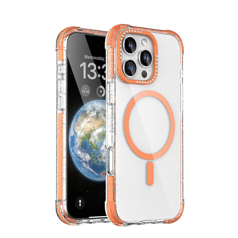 Apple iPhone 16 Pro Kılıf M-safe Şarj Özellikli Taşlı ve Simli Tasarım Mutural Blink Kapak