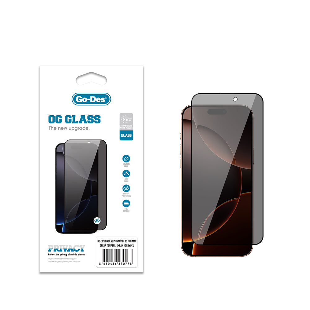 Apple iPhone 16 Pro Max Go Des OG Glass Privacy Antistatik Temperli Cam Ekran Koruyucu
