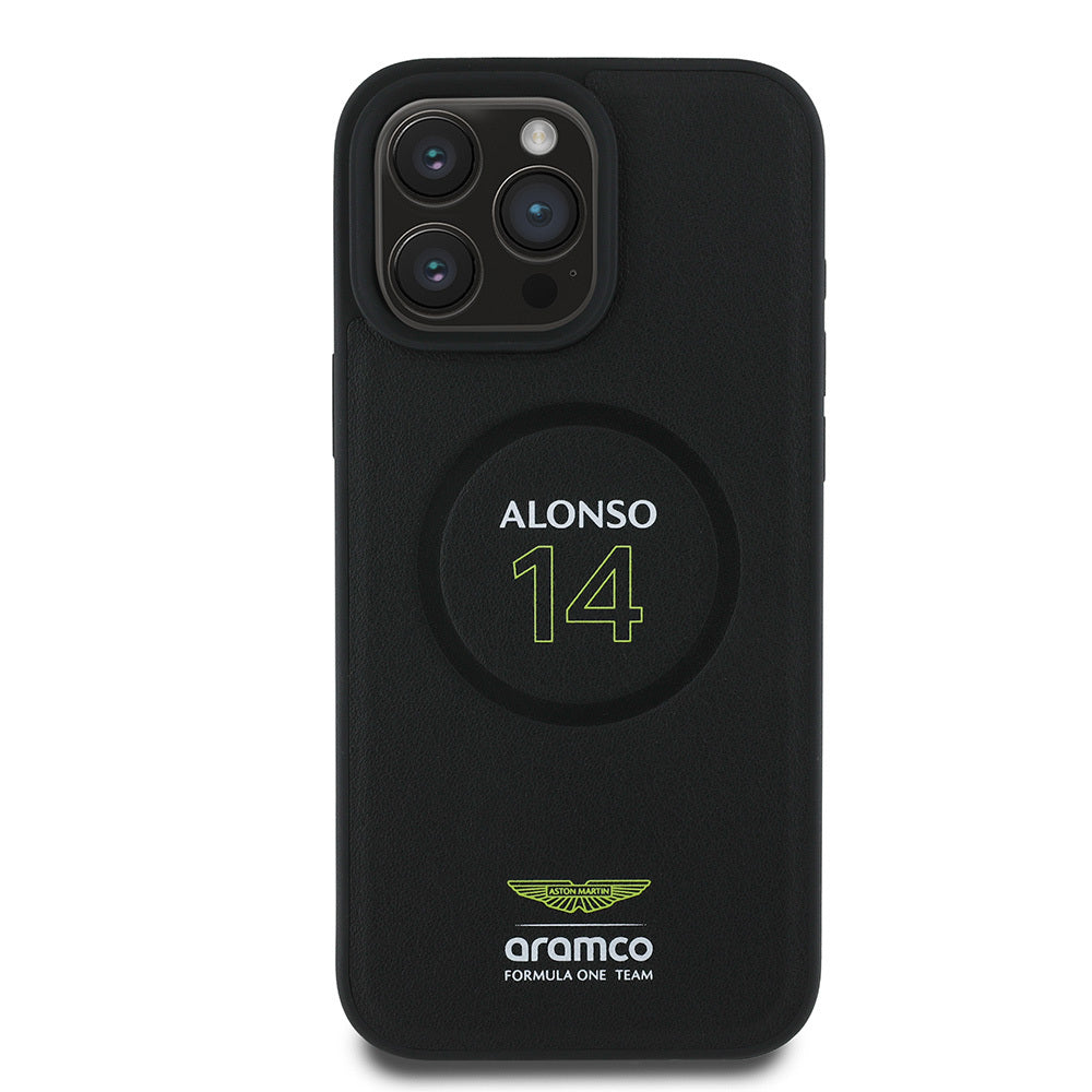 Apple iPhone 16 Pro Max Kılıf Aston Martin Orjinal Lisanslı M-safe Şarj Özellikli PU Deri Alonso 14 Baskılı Kapak