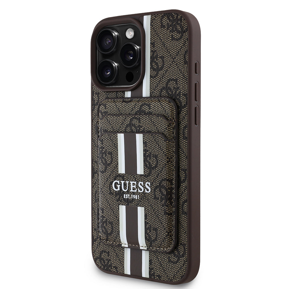 Apple iPhone 16 Pro Max Kılıf Guess Orjinal Lisanslı M-safe Şarj Özellikli 4G Desenli Çizgili Kartlıklı Kapak
