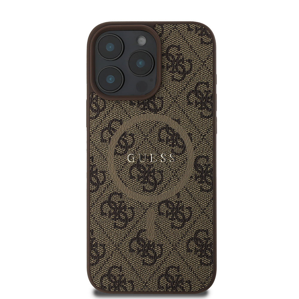Apple iPhone 16 Pro Max Kılıf Guess Orjinal Lisanslı M-safe Şarj Özellikli PU Halkalı 4G Desenli Yazı Logolu Kapak