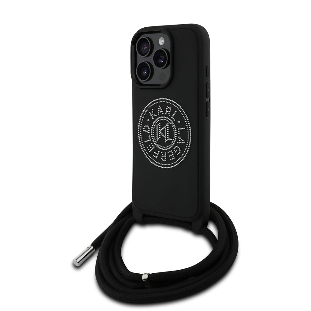 Apple iPhone 16 Pro Max Kılıf Karl Lagerfeld Orjinal Lisanslı Askı İpli Taşlı KL Yazılı Crossbody Cord Kapak