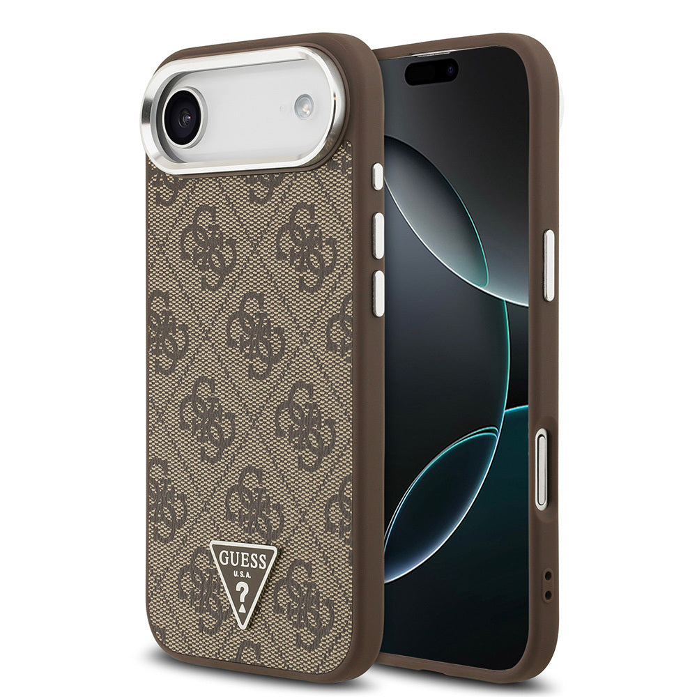 Apple iPhone 17 Air Kılıf Guess Orjinal Lisanslı M-safe Şarj Özellikli Gümüş Metal Kamera Çerçeveli Üçgen Logo 4G Desenli Kapak