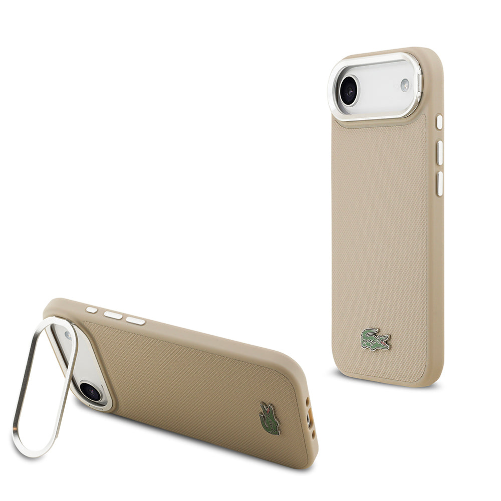 Apple iPhone 17 Air Kılıf Lacoste Orjinal Lisanslı M-safe Şarj Özellikli PU Pike Desenli Standlı Metal Logolu Kapak