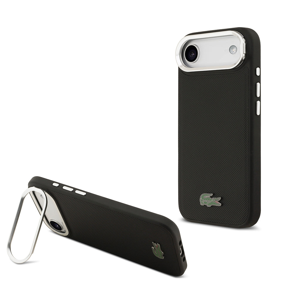 Apple iPhone 17 Air Kılıf Lacoste Orjinal Lisanslı M-safe Şarj Özellikli PU Pike Desenli Standlı Metal Logolu Kapak