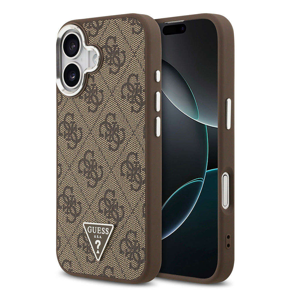 Apple iPhone 17 Kılıf Guess Orjinal Lisanslı M-safe Şarj Özellikli Gümüş Metal Kamera Çerçeveli Üçgen Logo 4G Desenli Kapak
