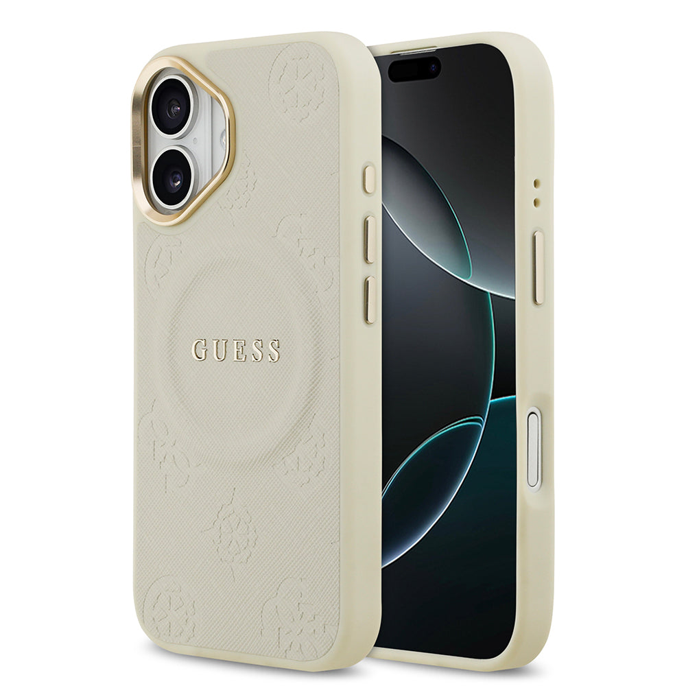 Apple iPhone 17 Kılıf Guess Orjinal Lisanslı M-safe Şarj Özellikli Sıcak Baskılı Yazı Logolu PU Deri Peony Kapak