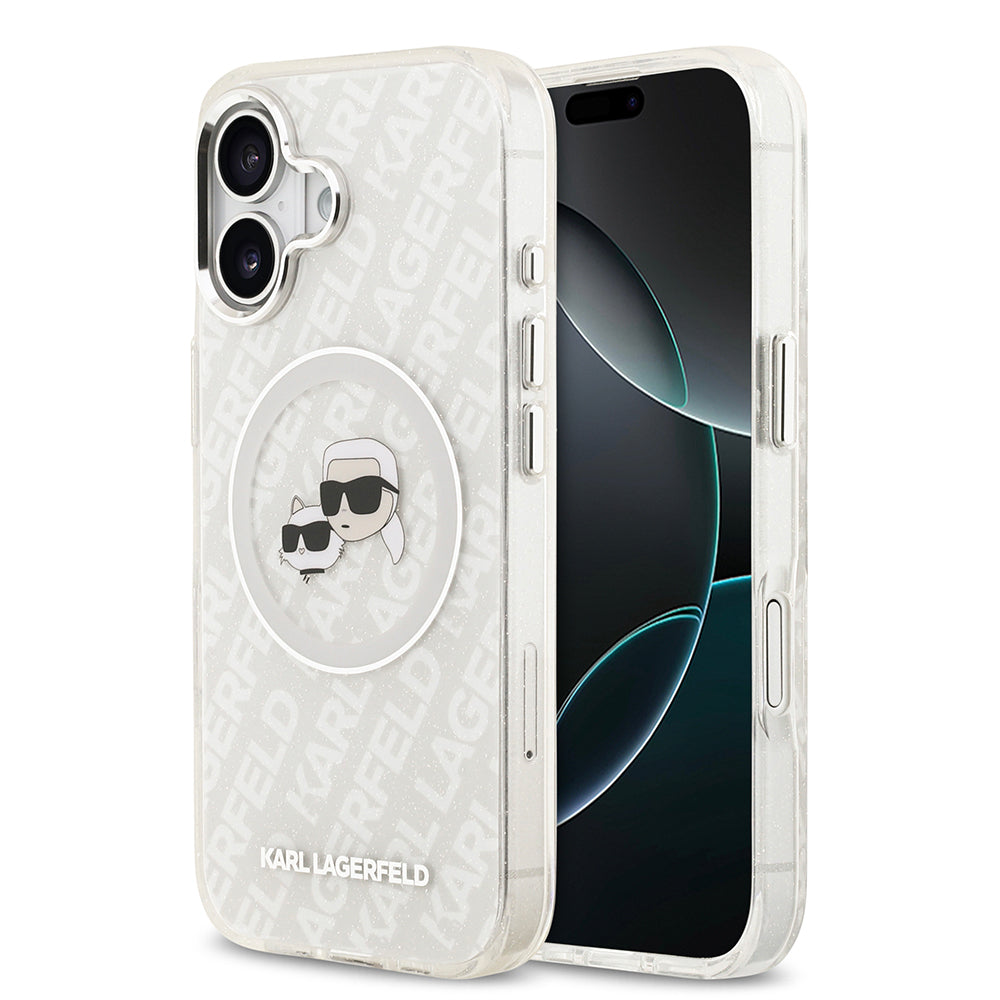 Apple iPhone 17 Kılıf Karl Lagerfeld Orjinal Lisanslı Parlayan Simli Karl & Choupette Heads Kapak