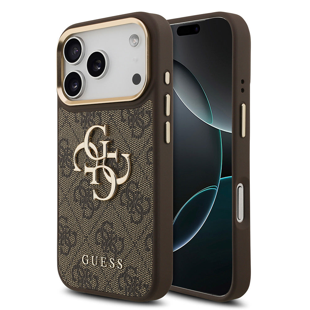 Apple iPhone 17 Pro Kılıf Guess Orjinal Lisanslı Gold Metal Kamera Çerçeveli 4G Desenli Metal Büyük 4G ve Yazı Logolu Kapak