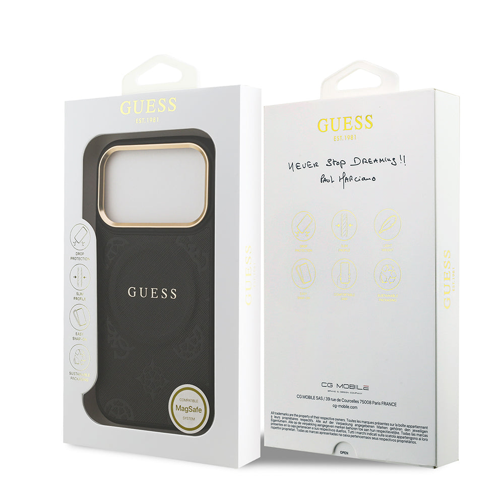 Apple iPhone 17 Pro Kılıf Guess Orjinal Lisanslı M-safe Şarj Özellikli Sıcak Baskılı Yazı Logolu PU Deri Peony Kapak