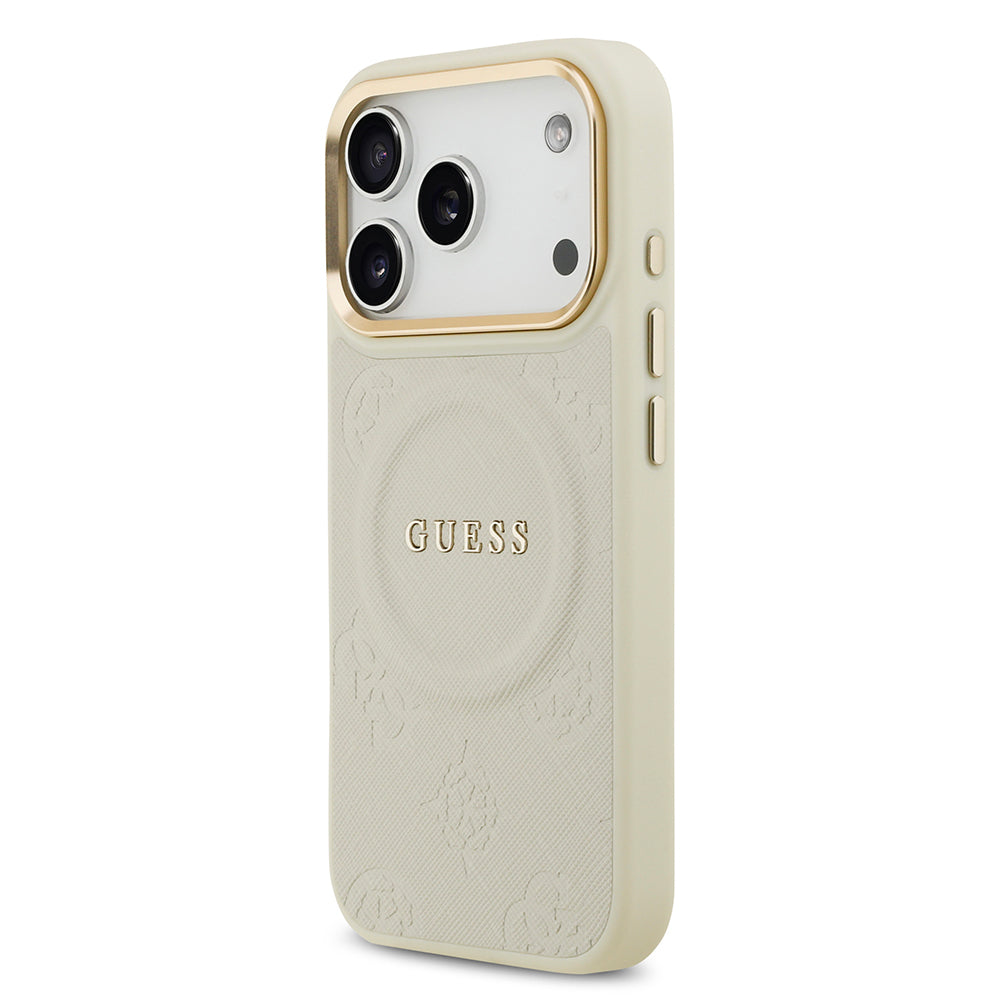 Apple iPhone 17 Pro Kılıf Guess Orjinal Lisanslı M-safe Şarj Özellikli Sıcak Baskılı Yazı Logolu PU Deri Peony Kapak