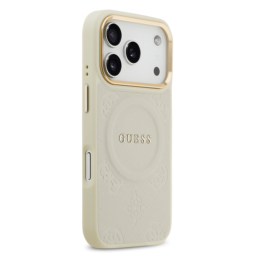 Apple iPhone 17 Pro Kılıf Guess Orjinal Lisanslı M-safe Şarj Özellikli Sıcak Baskılı Yazı Logolu PU Deri Peony Kapak