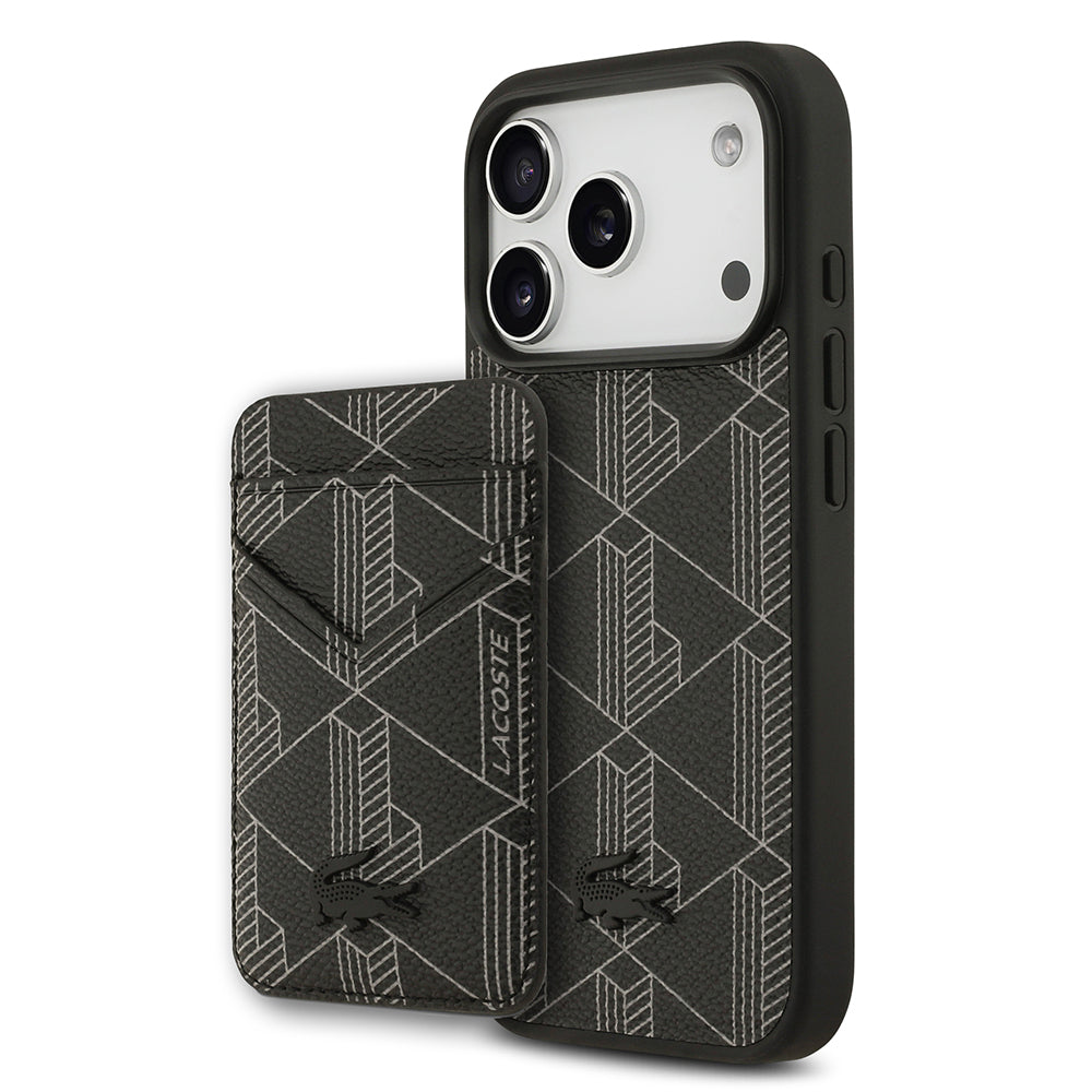 Apple iPhone 17 Pro Kılıf Lacoste Orjinal Lisanslı M-safe Şarj Özellikli PU Deri Tasarımlı Kartlıklı Karışık Monogram Desenli Kapak