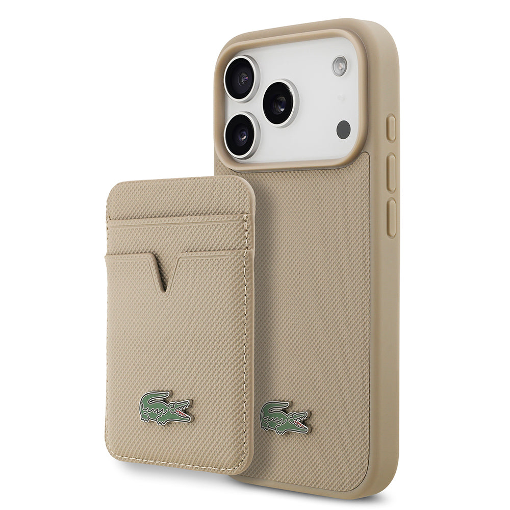 Apple iPhone 17 Pro Kılıf Lacoste Orjinal Lisanslı M-safe Şarj Özellikli PU Pike Desenli Metal Logolu Kartlıklı Kapak
