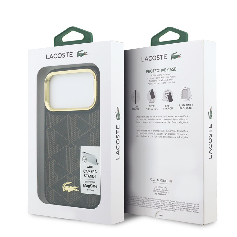 Apple iPhone 17 Pro Kılıf Lacoste Orjinal Lisanslı M-safe Şarj Özellikli Standlı PU Deri Karışık Monogram Desenli Kapak