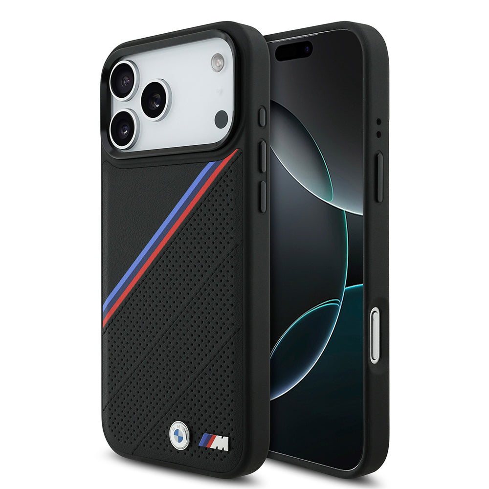 Apple iPhone 17 Pro Max Kılıf BMW Orjinal Lisanslı M-safe Şarj Özellikli M Logolu Üç Şeritli Delikli Deri Kapak