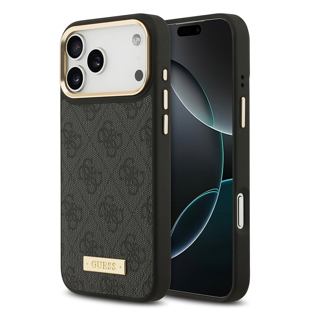 Apple iPhone 17 Pro Max Kılıf Guess Orjinal Lisanslı M-safe Şarj Özellikli 4G Desenli PU Metal Plaka Klasik Logolu Kapak