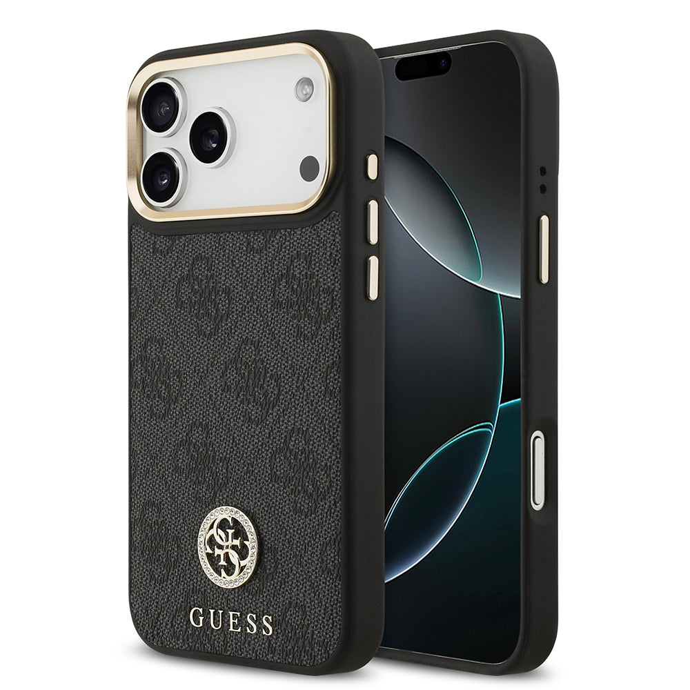 Apple iPhone 17 Pro Max Kılıf Guess Orjinal Lisanslı M-safe Şarj Özellikli Gold Metal Kamera Çerçeveli Taşlı 4G Logolu Kapak