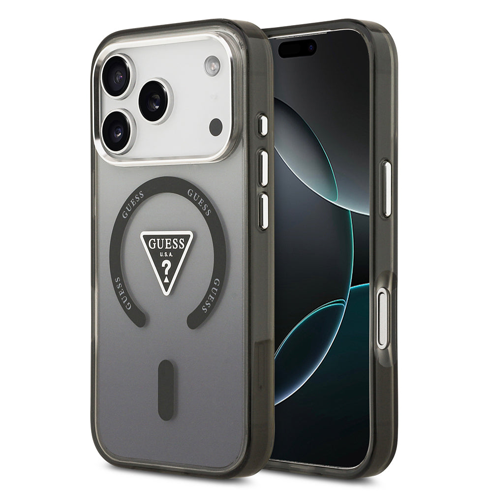 Apple iPhone 17 Pro Max Kılıf Guess Orjinal Lisanslı M-safe Şarj Özellikli IML Baskılı Üçgen Logolu Metal Kamera Çerçeveli Kapak
