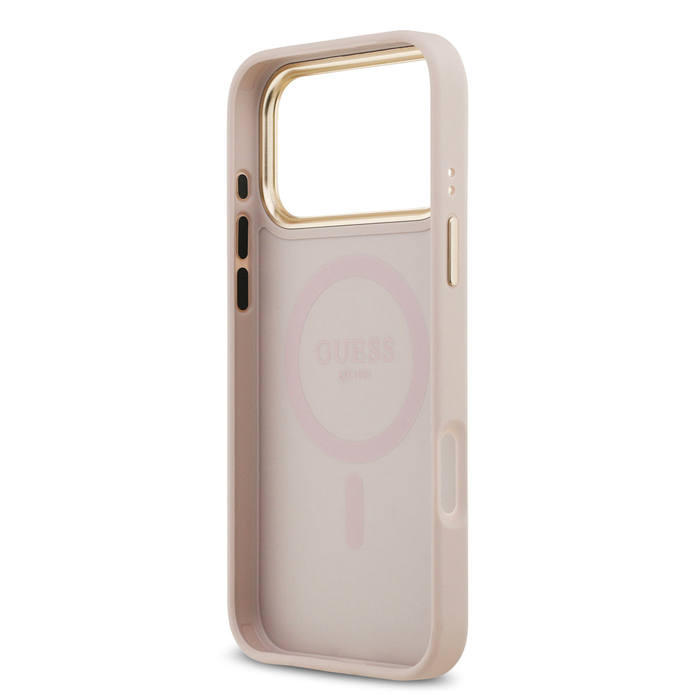 Apple iPhone 17 Pro Max Kılıf Guess Orjinal Lisanslı M-safe Şarj Özellikli Sıcak Baskılı Yazı Logolu PU Deri Peony Kapak