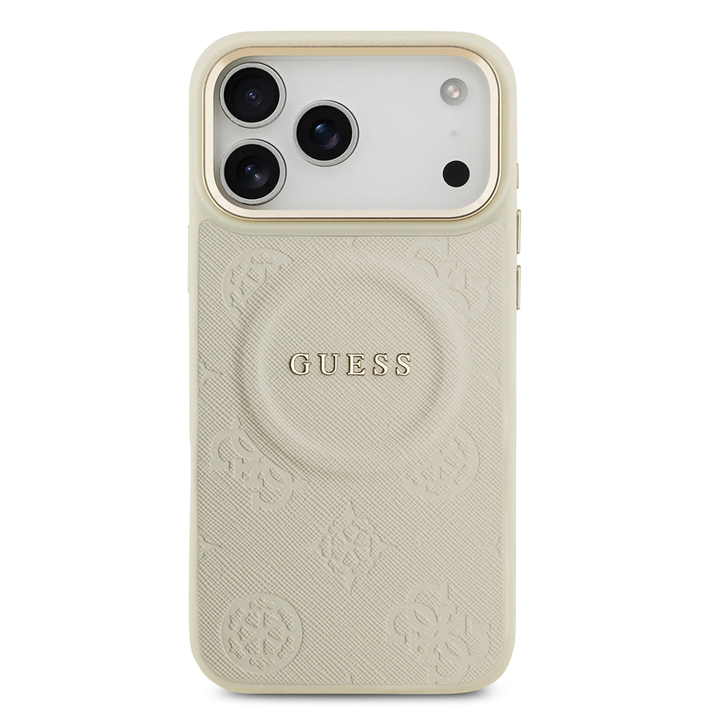 Apple iPhone 17 Pro Max Kılıf Guess Orjinal Lisanslı M-safe Şarj Özellikli Sıcak Baskılı Yazı Logolu PU Deri Peony Kapak