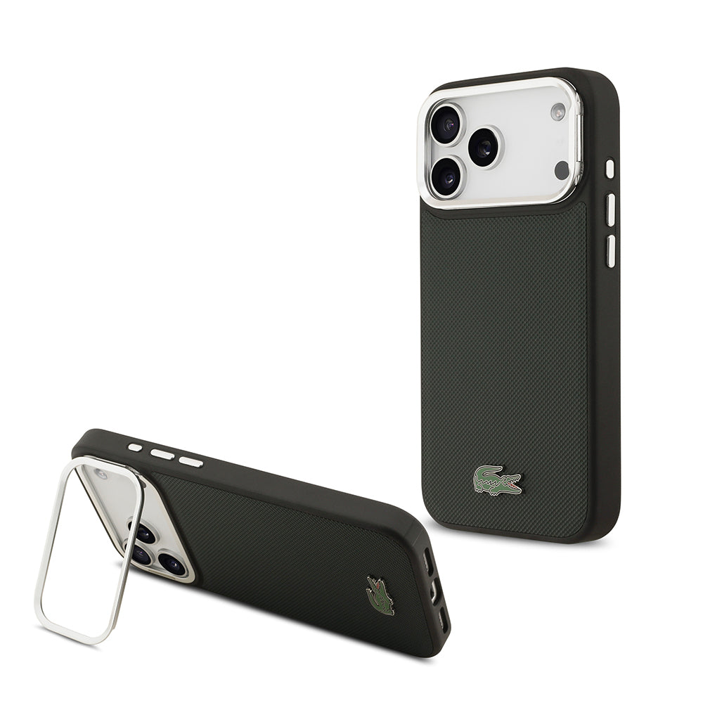 Apple iPhone 17 Pro Max Kılıf Lacoste Orjinal Lisanslı M-safe Şarj Özellikli PU Pike Desenli Standlı Metal Logolu Kapak