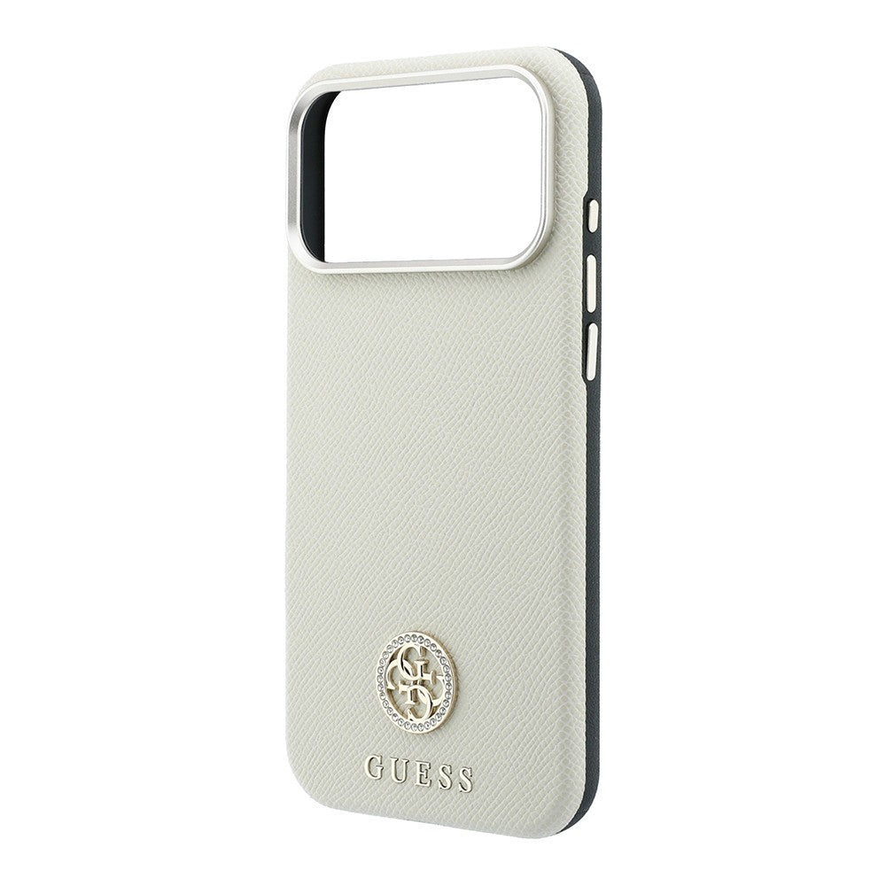 Apple iPhone 18 Pro Kılıf Guess Orjinal Lisanslı M-safe Şarj Özellikli PU Taşlı Metal 4G ve Yazı Logolu Kapak