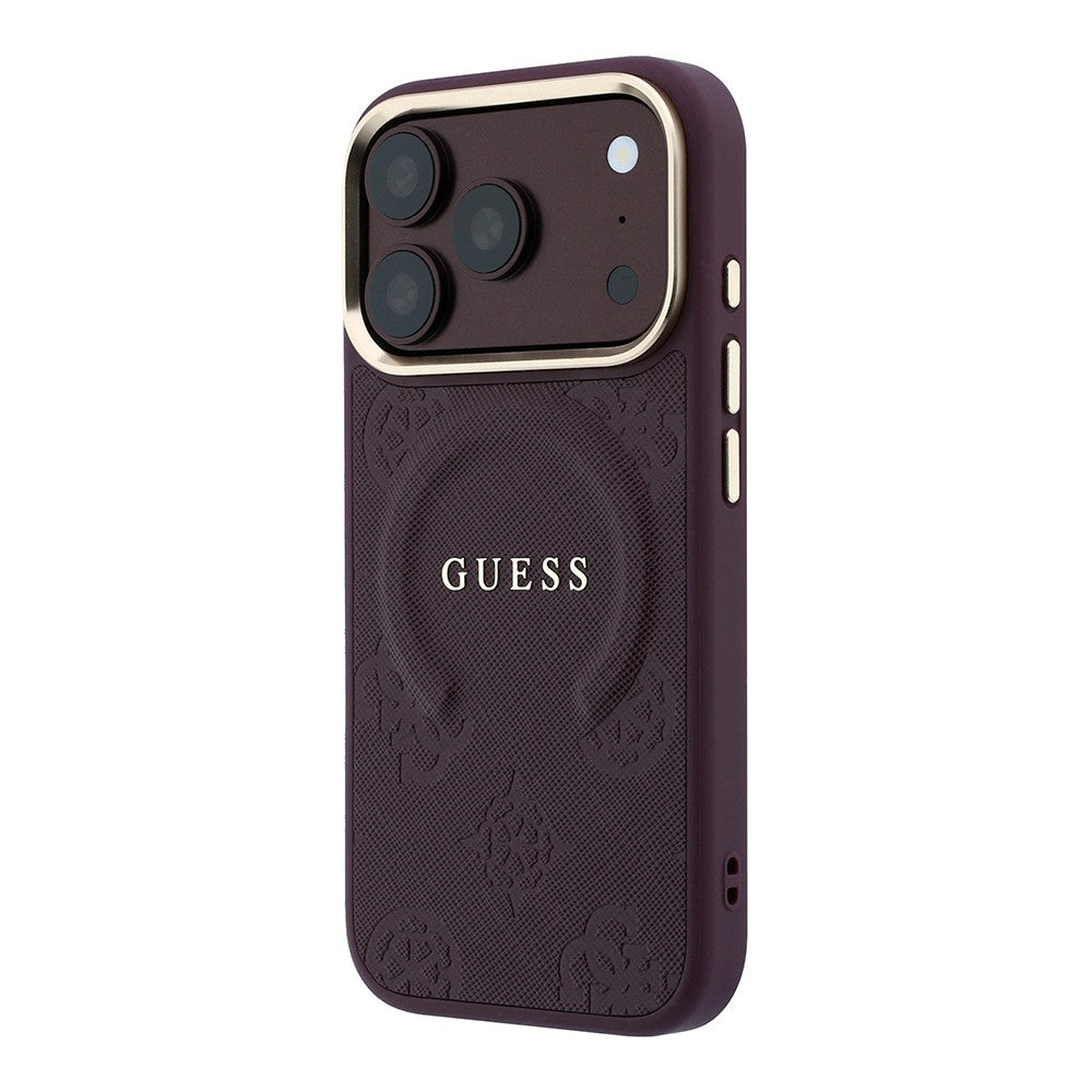 Apple iPhone 18 Pro Kılıf Guess Orjinal Lisanslı M-safe Şarj Özellikli Sıcak Baskılı Yazı Logolu C-Magnet PU Deri Peony Kapak