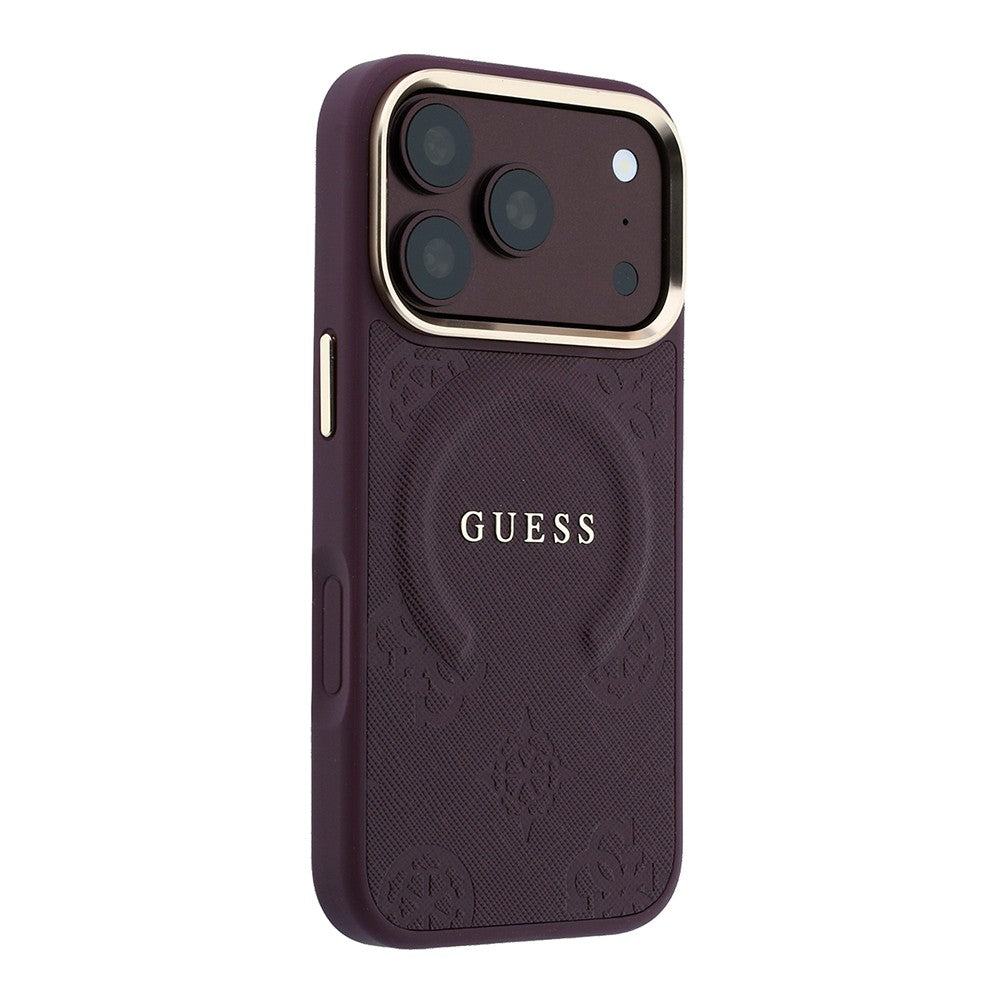 Apple iPhone 18 Pro Kılıf Guess Orjinal Lisanslı M-safe Şarj Özellikli Sıcak Baskılı Yazı Logolu C-Magnet PU Deri Peony Kapak