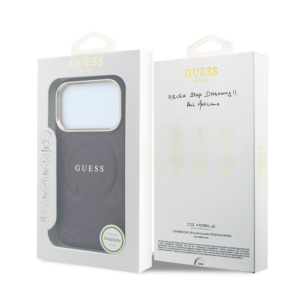 Apple iPhone 18 Pro Max Kılıf Guess Orjinal Lisanslı M-safe Şarj Özellikli Sıcak Baskılı Yazı Logolu C-Magnet PU Deri Peony Kapak