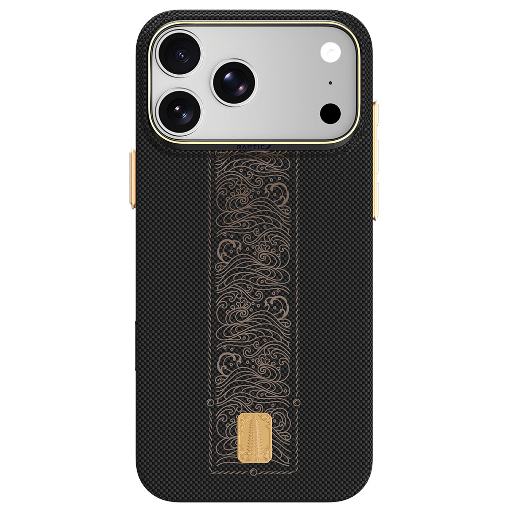 Apple iPhone 18 Pro Max Kılıf M-safe Şarj Özellikli Raptic Aramid Skin Rise Serisi 24 Ayar Altın Kaplamalı Karbon Kapak