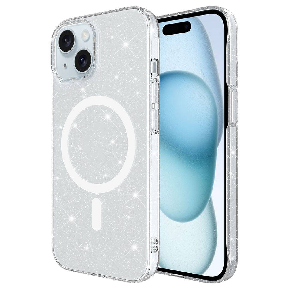 iPhone 15 Plus Kılıf Zore M-safe Şarj Özellikli Simli Şeffaf Arka Yüzey Erdos Silikon Kapak