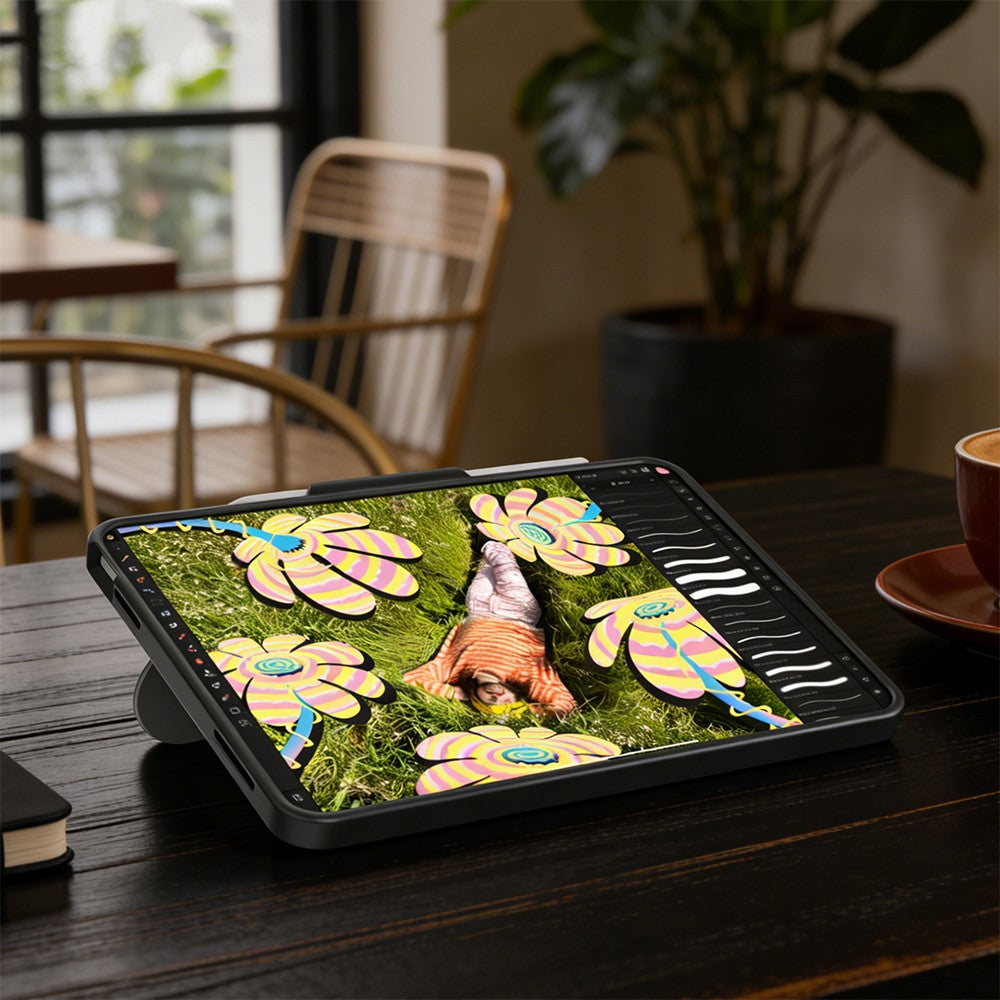 Apple iPad 11.Nesil 2025 Mutural AlloyKick Serisi Kalem Bölmeli Alüminyum Standlı Tablet Kılıfı